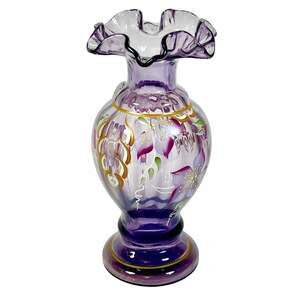 Vintage Fenton Glass Museum Collection Signed Mulberry Ruffled Vase Painted 8"